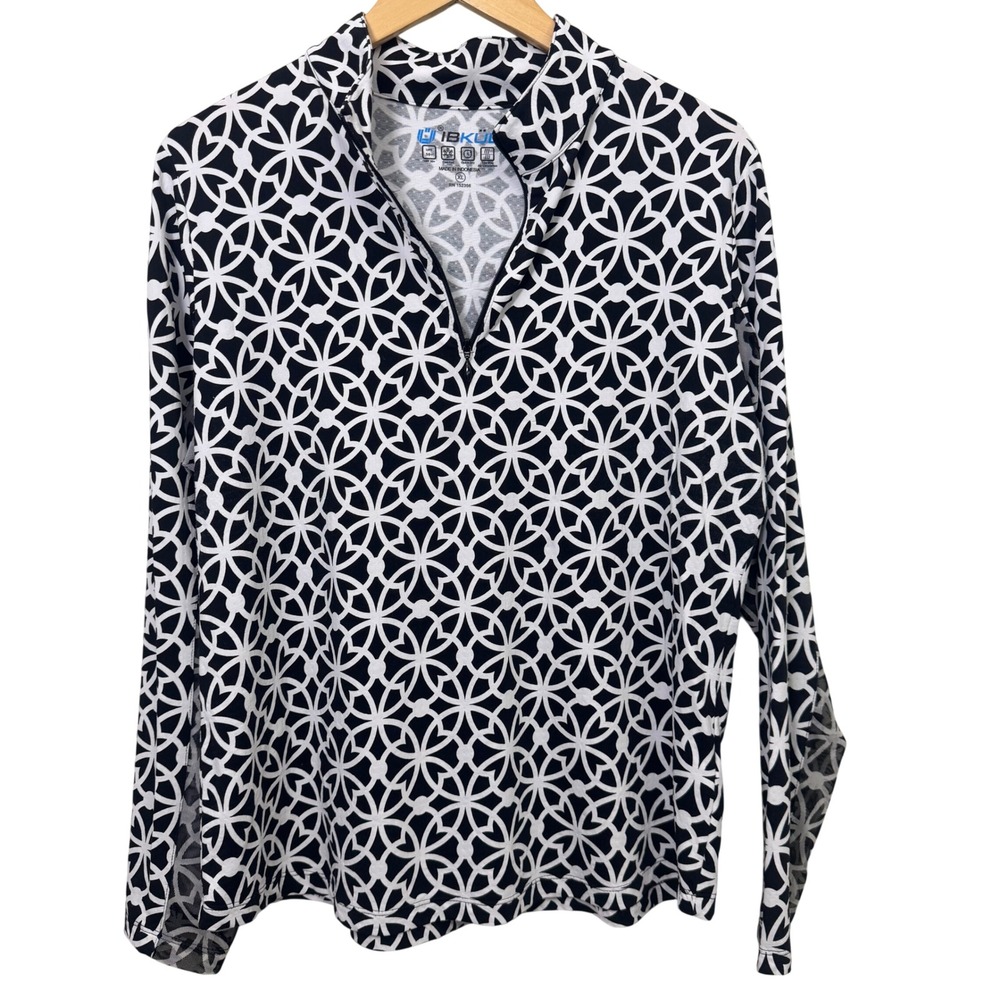 IBKUL Womens XL UPF 50+ Cooling Quarter Zip Pullover Geometric Black White Top